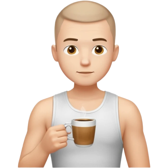 a white short guy wearing a white tank top with a buzz cut drinking a cup of coffee emoji