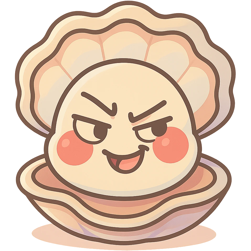 Enhance the cute oyster by adding pastel highlights, accentuating the cream and greige effect, giving more volume to the shell, making the red cheeks more luminous and soft, while keeping the mischievous expression and transparent background. emoji