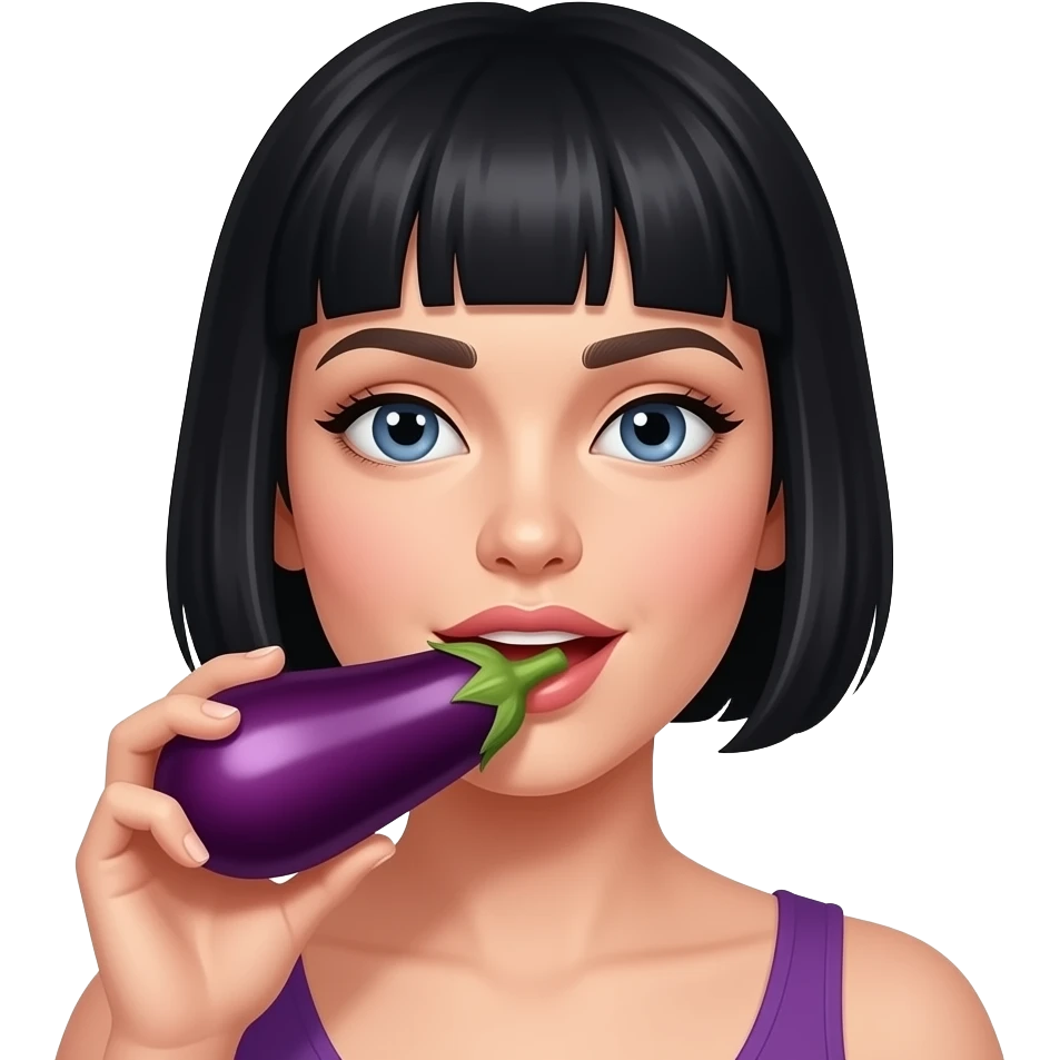 White woman black bob haircut licking an aubergine emoji