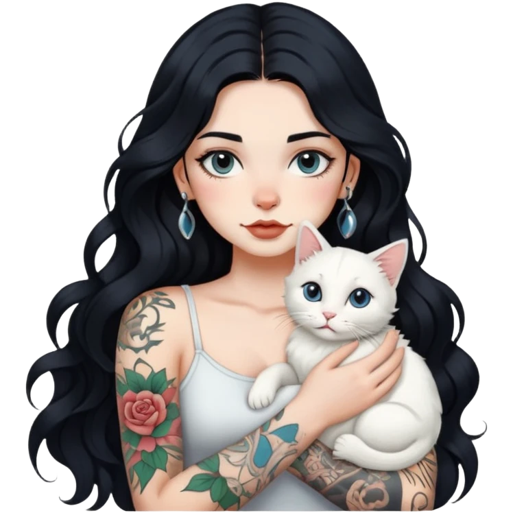 girl with long wave black hair and tattoos and a white cat emoji