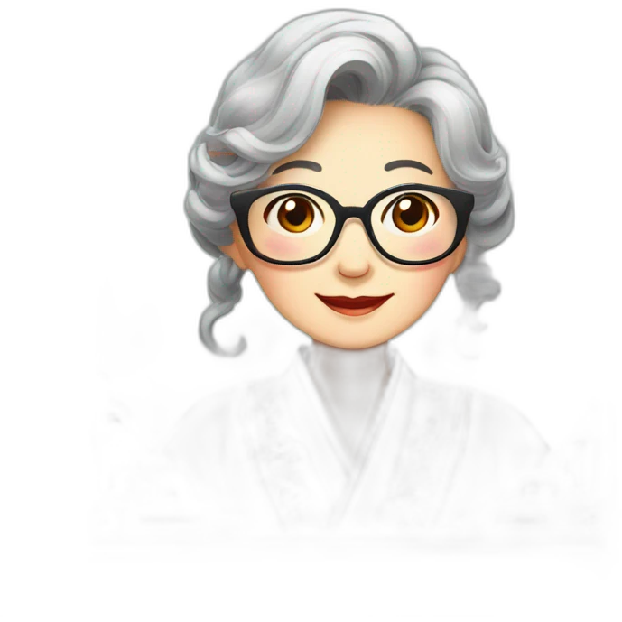 Chinese seniors lady wear glasses has wavy long hair wear Chinese traditional dress show appreciation sign emoji