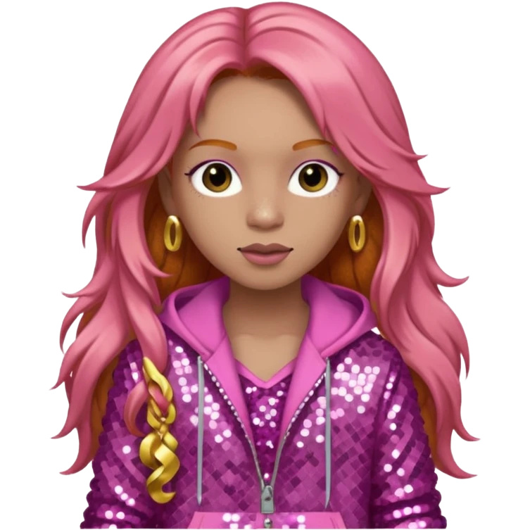 Ice Spice, Rapper (b.2000) with long ginger hair, pink sequin outfit emoji