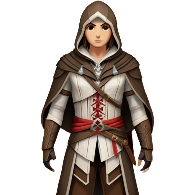 icon featuring Assasin's Creed in an iconic assassin's hood, standing tall against the backdrop of Florence. The design captures the essence of adventure, with intricate details of historical architecture and a sense of mystery. The character is poised, ready for action. transparent background. emoji