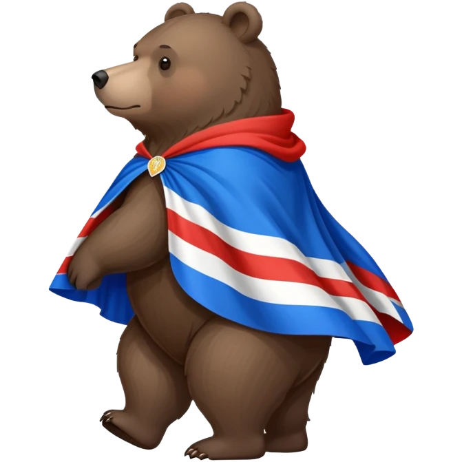 Medium-dark brown bear on all four legs with Russian flag (white, blue, red horizontal stripes) draped over its back like a cape or cloak, flowing slightly, side view emoji