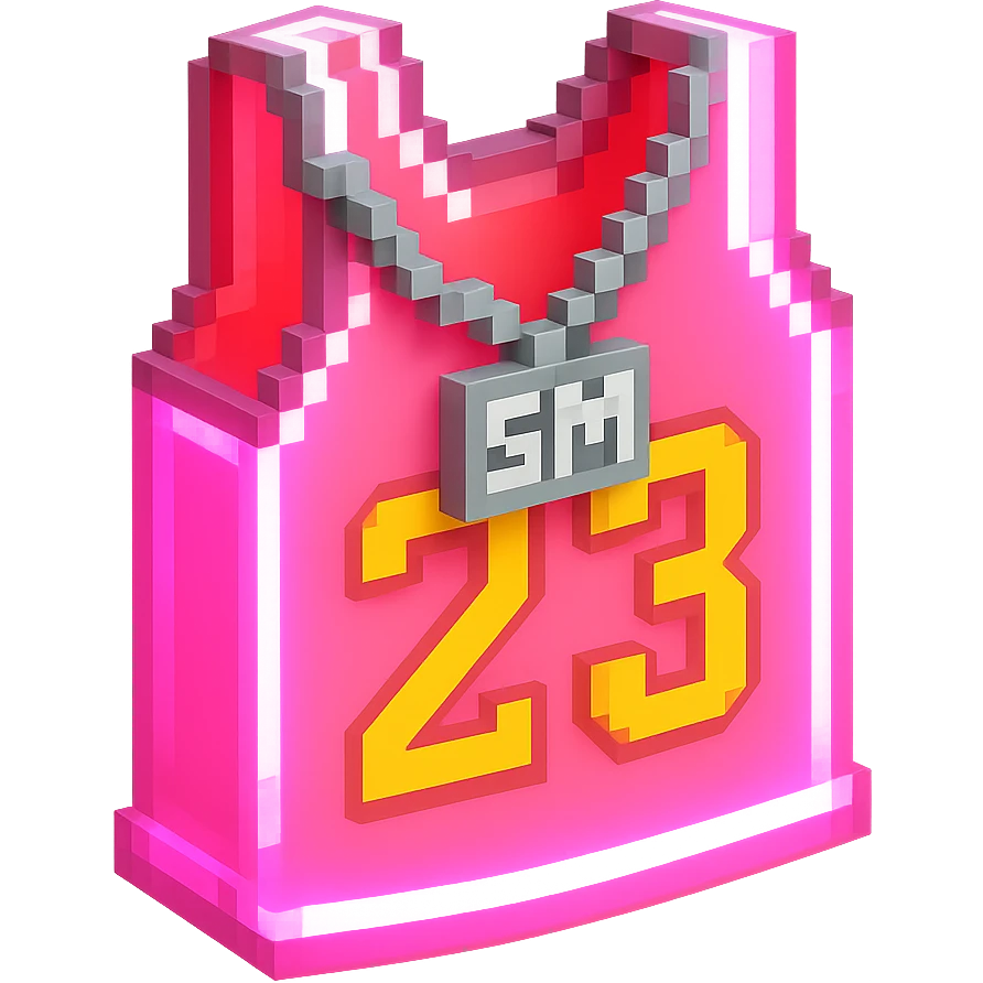 светящейся розовая баскетбольная майка с надписью "23" и серебряная цепь с надписью "SM", no background emoji