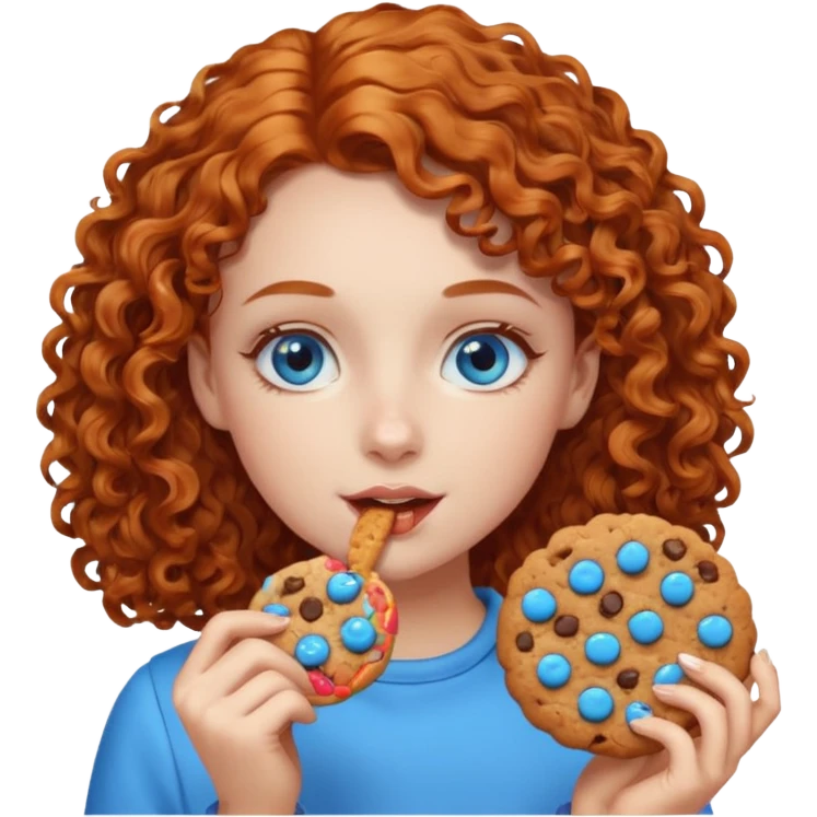 A girl eating a cookie with curly ginger hair and blue eyes emoji