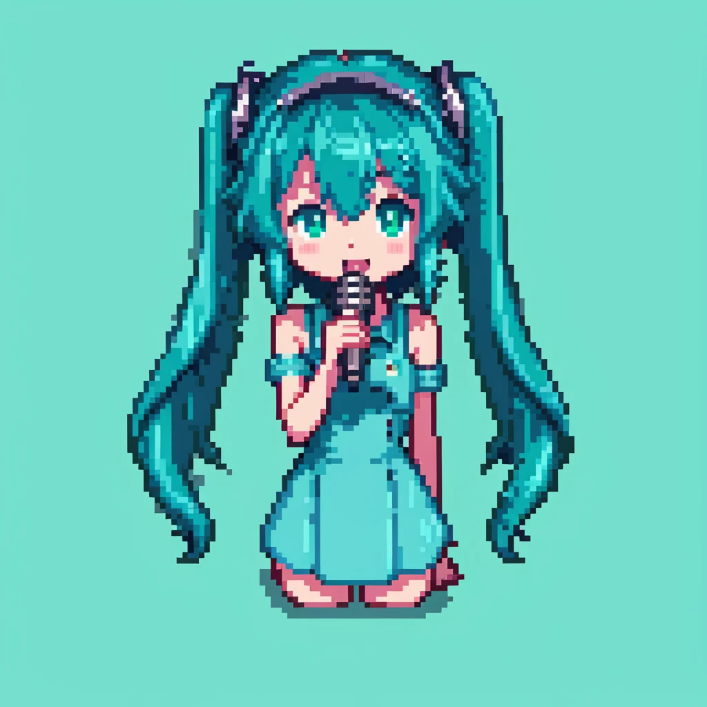 Hatsune Miku singing with a microphone, teal hair, pixel art character emoji