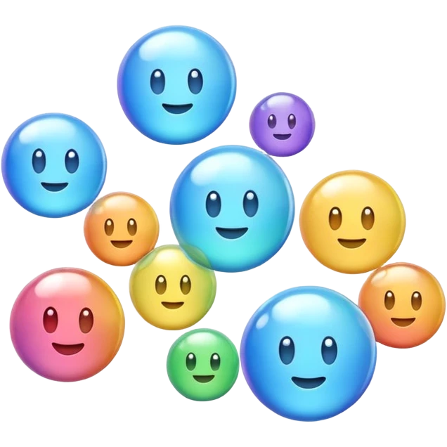 3D iPhone style emoji of multiple bubbles, translucent and shiny, floating in the air, various sizes, isolated on white background, soft shadows, high detail, playful and cute. emoji