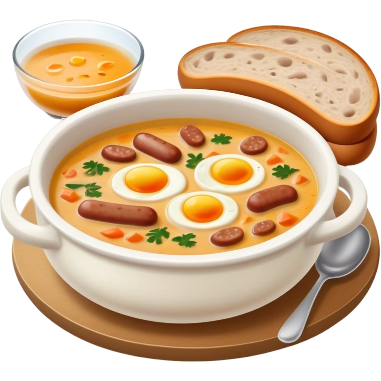 Cinematic Realistic ≈ªurek Soup Dish Emoji, depicted as a tangy, creamy rye soup with sausage and egg rendered with detailed textures and warm, comforting lighting. emoji
