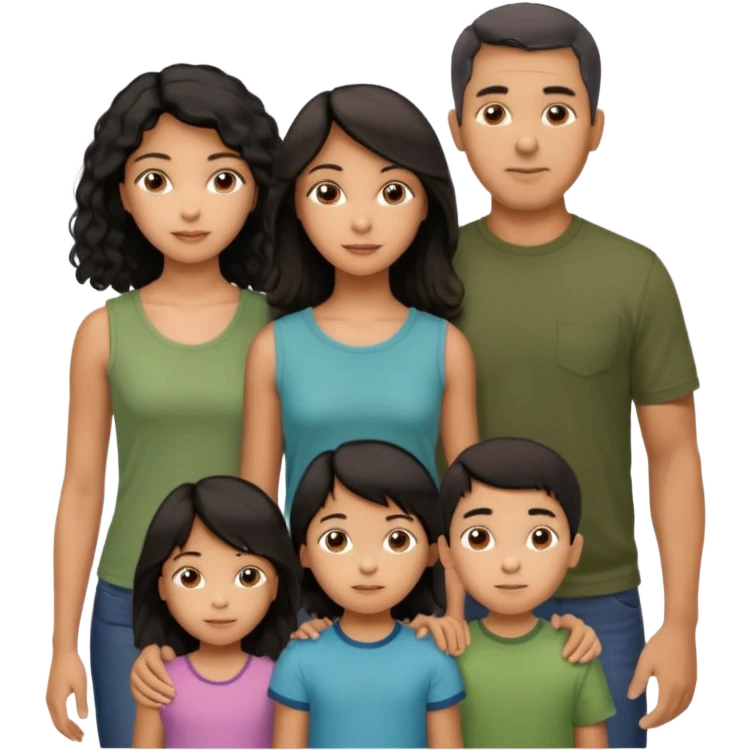 Hispanic family of five, parents in back and three kids in front, girl in the middle, all facing forward, mom with long straight dark hair, dad with short black curly fade, 9-year-old boy with short hair, 6-year-old girl with long straight hair, 6-year-old boy with short hair emoji