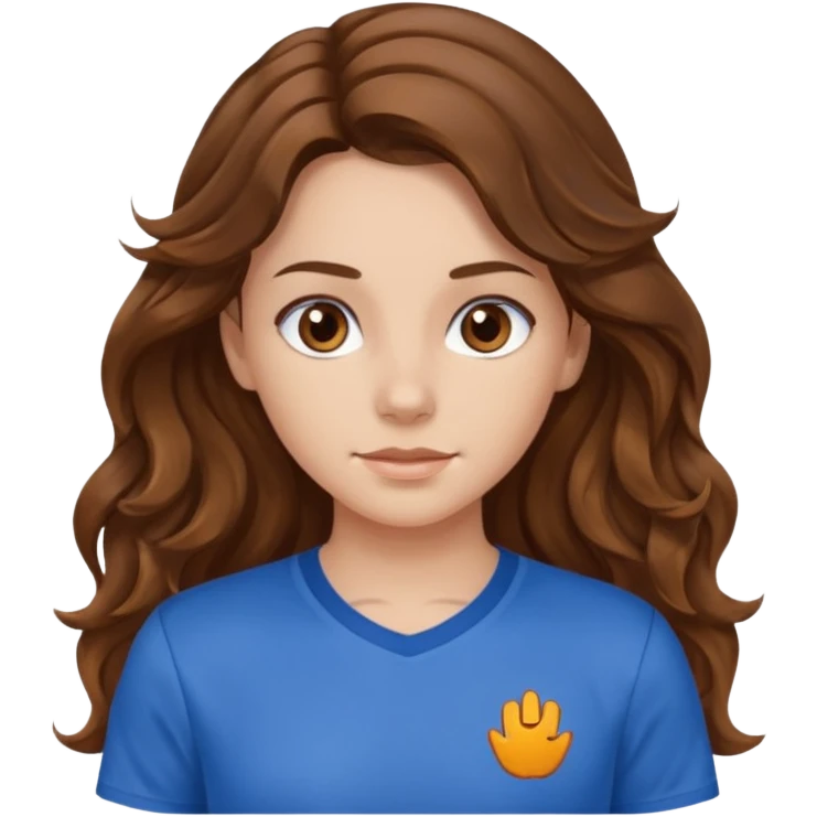 brown hair, hazel eyes, blue athletic shirt, wavy long hair  girl emoji