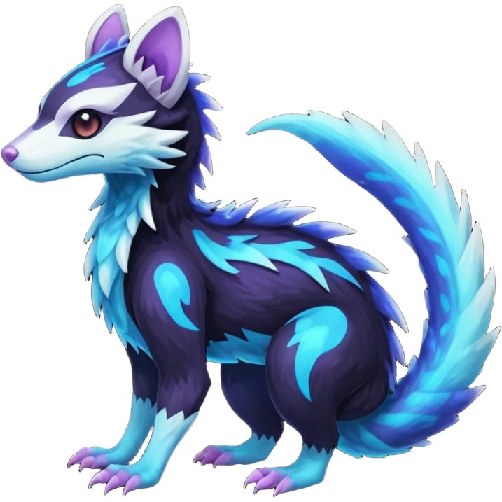 Colorful bioluminescent dark abysmal abyssal neon-glowing Trico-Sergal-Furret-Ferret-Wickerbeast-Vernid-fusion-Fakemon-animal-hybrid-creature, full body emoji
