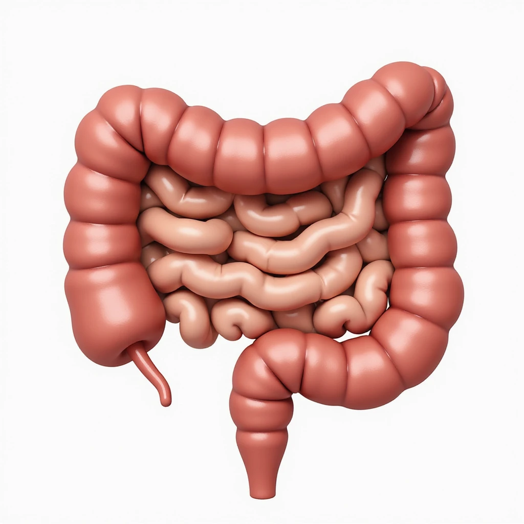 healthy human intestine, anatomical, detailed front view, smooth walls, healthy color, realistic illustrative style, neutral background emoji