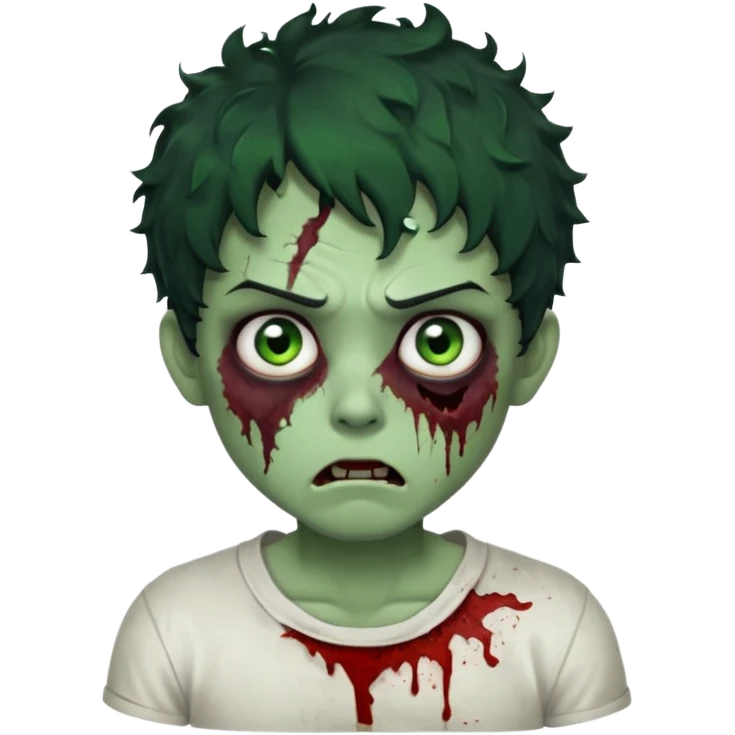 zombie character with green skin, messy short curly black hair, and no glasses. Give him large expressive eyes, a slightly frightened or eerie expression, subtle wounds, dark under-eye shadows, and a few cracks or dried blood marks on the face.  white shirt and no bleeding eyes **BLACK HAIR** emoji