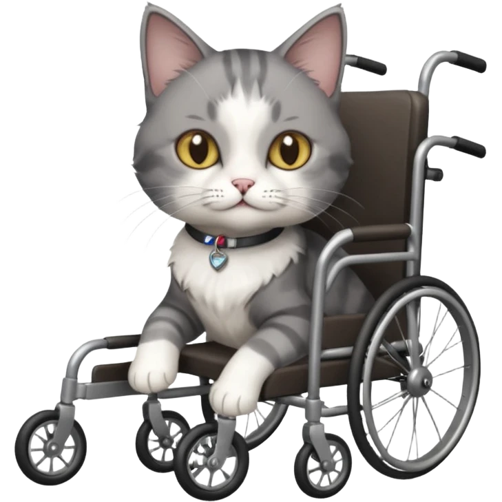 full body small short hair dark grey and white cat with hazel eyes walking in a wheelchair for cats emoji
