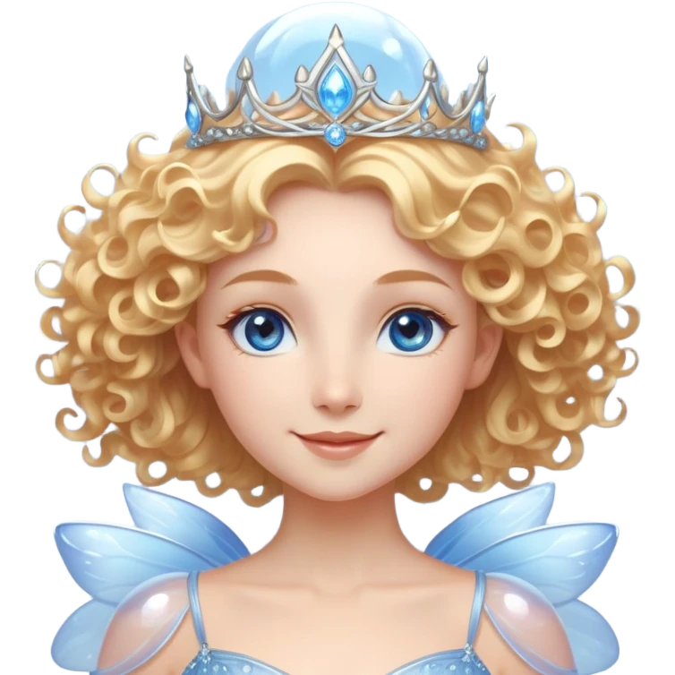 Elegant fairy with golden-blonde curls, a delicate silver crown, and sparkling blue eyes. She wears a shimmering light blue gown with a layered, ethereal design. Surrounded by a glowing, translucent bubble, radiating warmth and magic, with a bright, confident smile. emoji