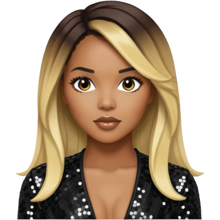 LeToya Luckett with long dark brown hair blonde hair, black sequin outfit emoji