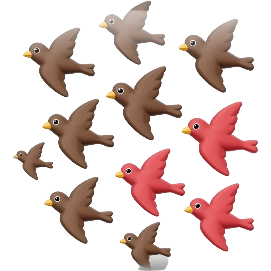 A 3d render iPhone emoji icon of a detailed Brown and red color 3D Render iPhone emoji png of a flock of brown and red color songbirds flying in the air emoji