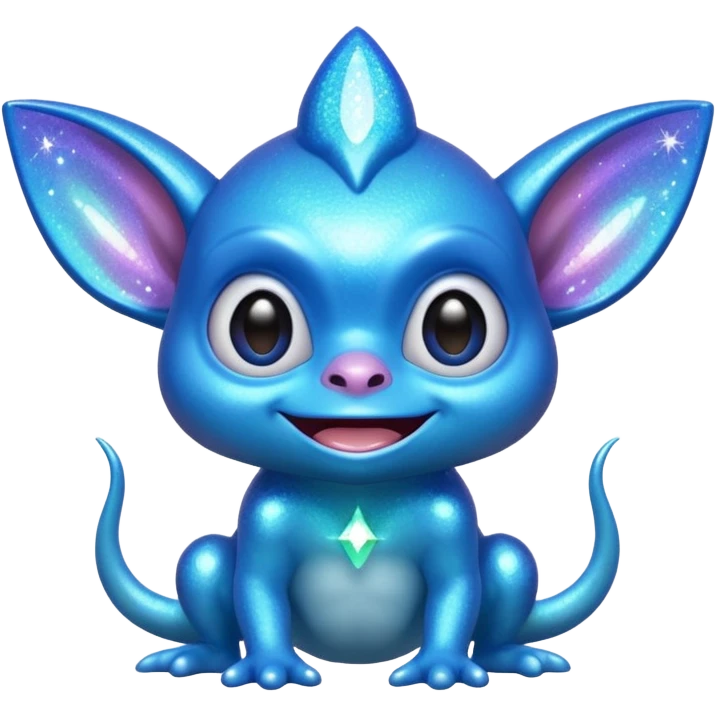 blue gremlin with sparkles, happy face emoji