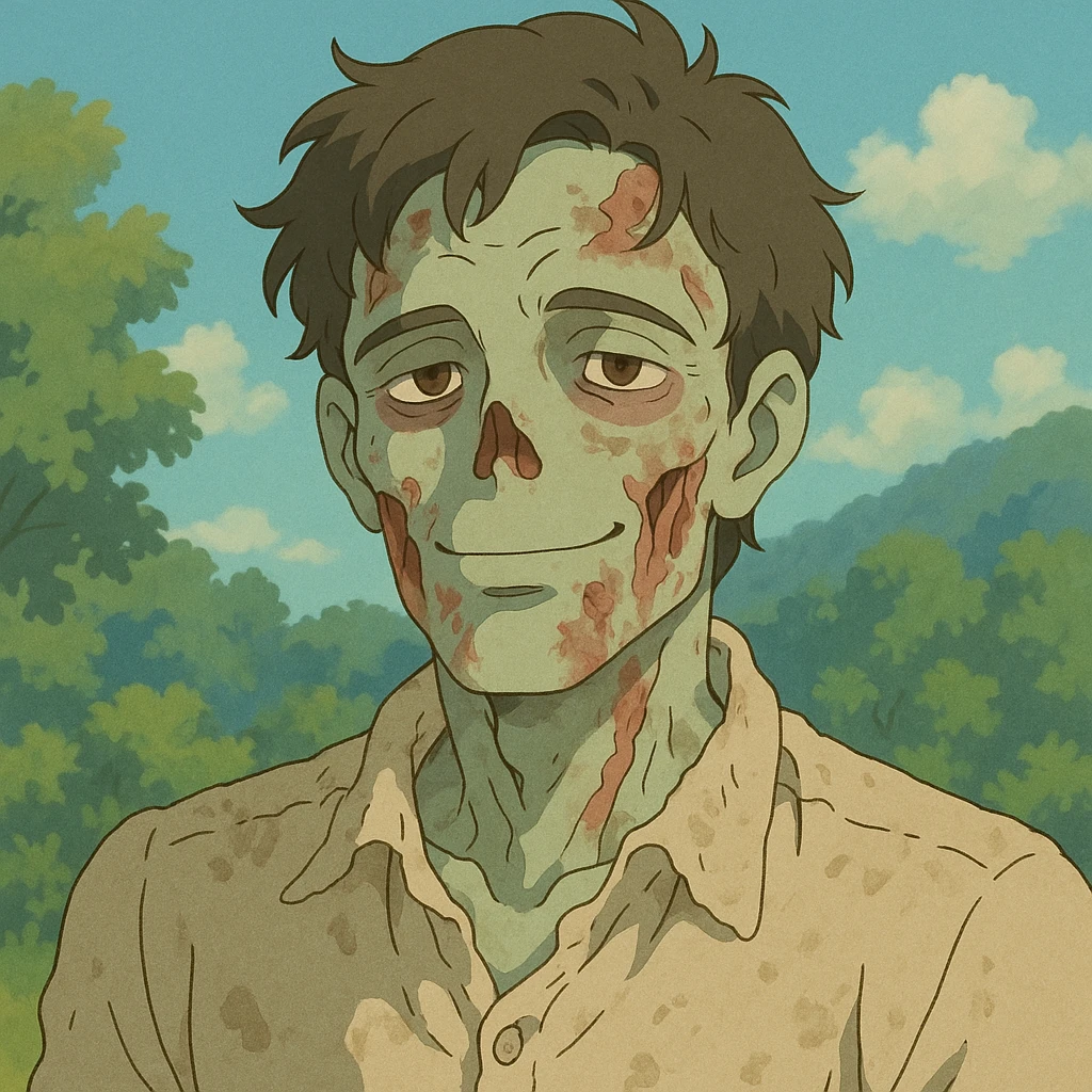 handsome zombie, ghibli style, soft colors, appealing face, gentle smile emoji