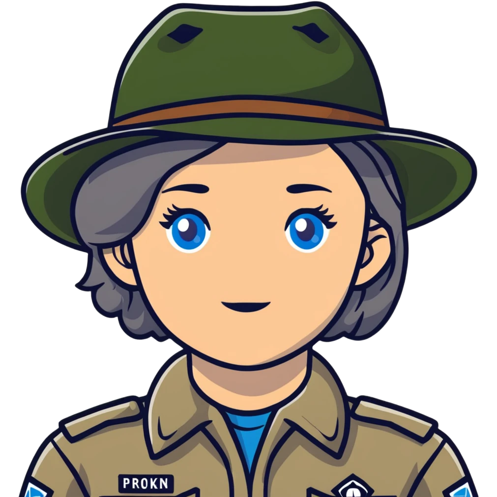 white woman park ranger with gray and brown hair, blue eyes emoji