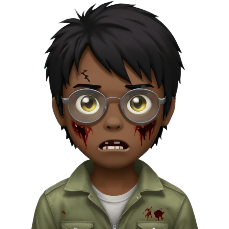 Boy, zombie, black hair, little long, emo, shaggy, dark, spooky, creepy expression, with black glasses emoji