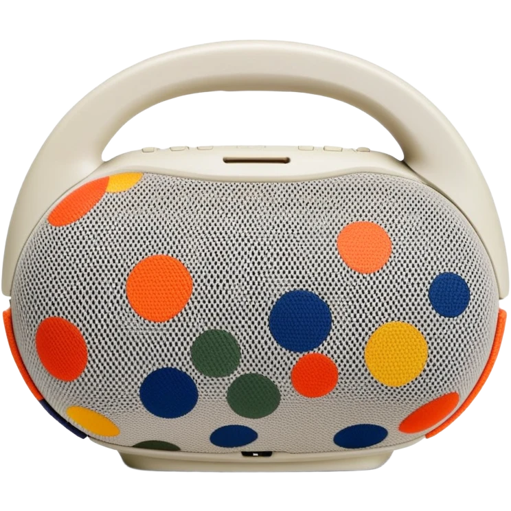 Highly minimalist JBL Clip 4 portable speaker, abstract shape with simplified camo spots, iOS emoji style emoji