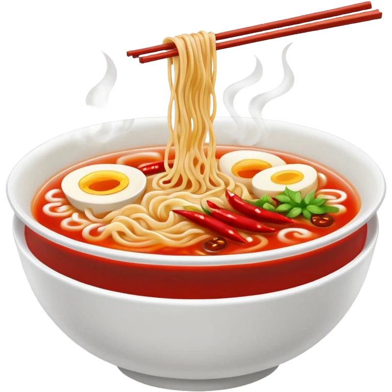 steaming ramen bowl with red broth and chili slices emoji