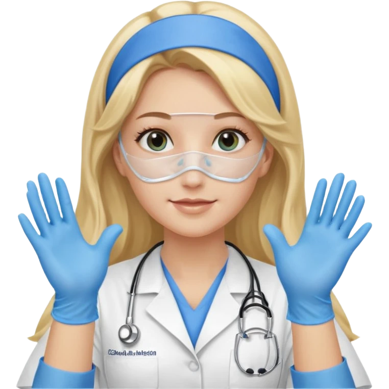 enfermera rubia con pelo largo sin nada en el pelo, con mascarilla y guantes azules las dos manos arriba emoji