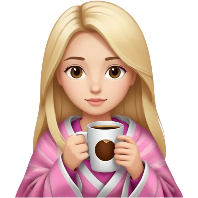 Long blonde straight balayage hair girl drinking coffee, almond dark brown eyes, oval face, pink blanket emoji