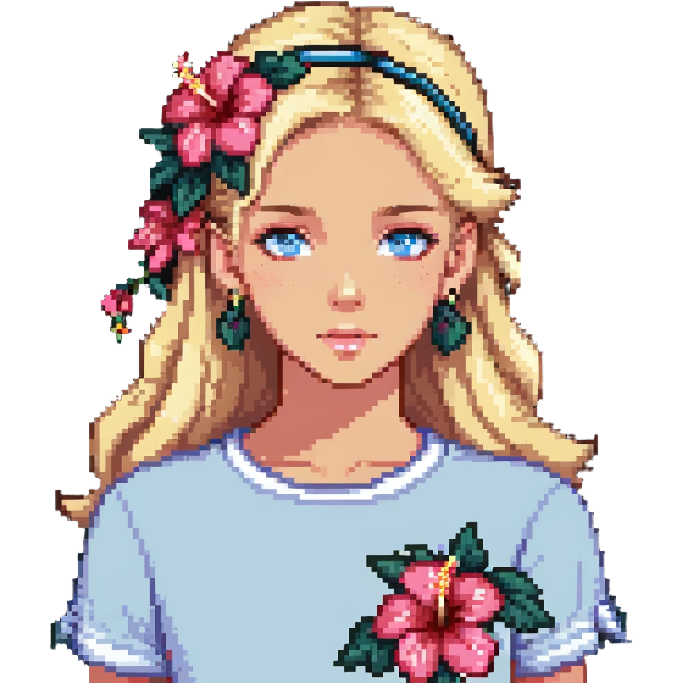 preppy coastal teen girl with blue eyes, beach blonde hair, tan skin, hibiscus flower in her ear, preppy beach outfit emoji