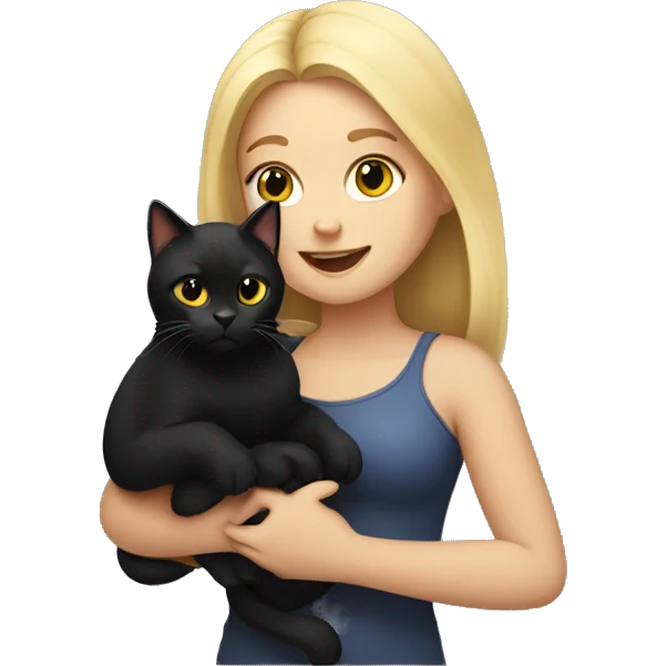 blonde girl  holding a overweight black cat emoji