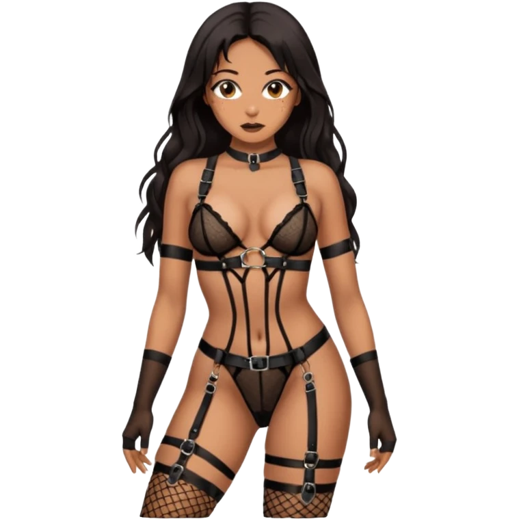Tan skin with freckles, long dark hair, hazel eyes Dominatrix, wearing BDSM style harness lingerie and black fishnet stockings. Dominant pose.  emoji