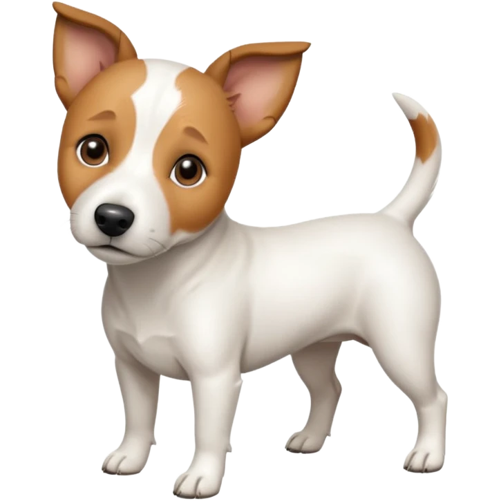 a full body white jack russel looking dog the size of a kelpie with light brown ears and a light brown patch on one eye, flopped down ears and a large snout emoji