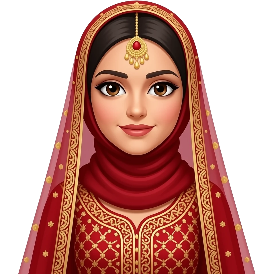 A Pakistani hijabi bride with a red and gold outfit with a red headscarf on and no nose jewellery emoji
