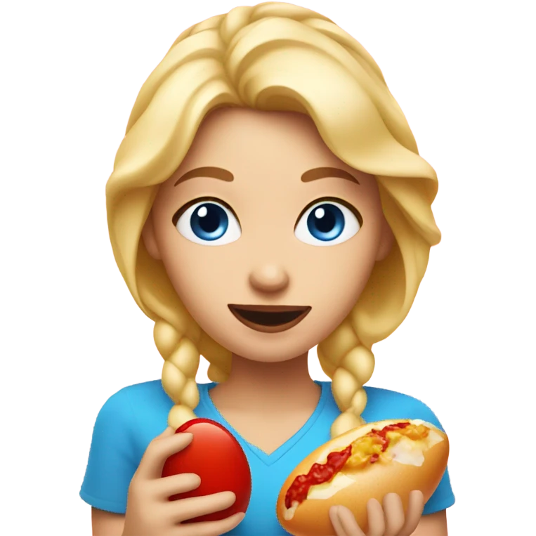 Blonde girl with blue eyes and a ketchup covered egg in her hand emoji