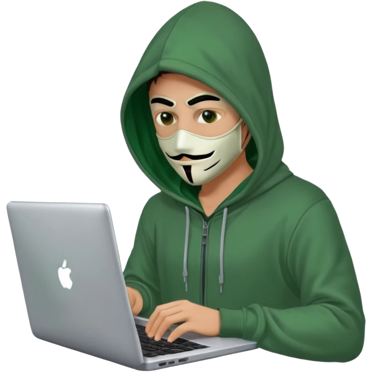 Хакер сидит в зелёной одежде в анонимус маске, печатает в ноутбуке, прозрачный фон. emoji