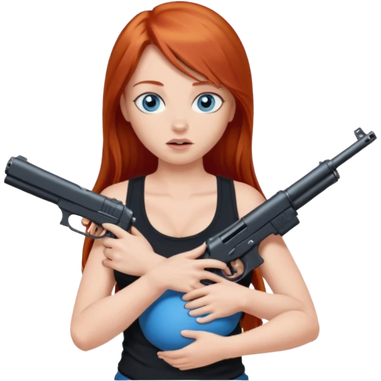 A red head with long straight hair, she has blue eyes with big boobs. She’s wearing a black tank top and holding a gun up in one hand and a baby boy with blue eyes sucking on one of her boobs in the other arm emoji