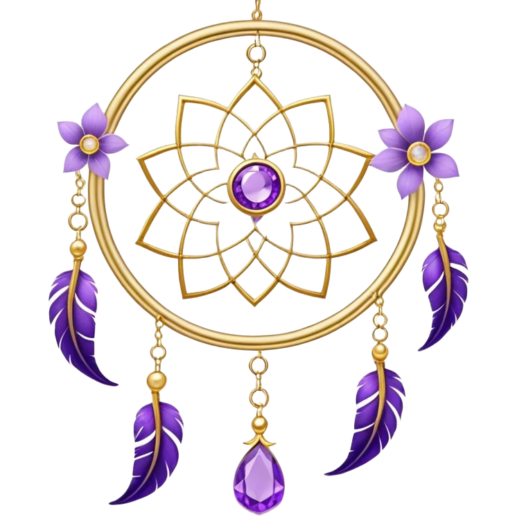 Epic beautiful gorgeous cute gold suncatcher, threads with shiny sparkly amethyst gemstones, flowers, crescents-moons, stars, violet Feather emoji
