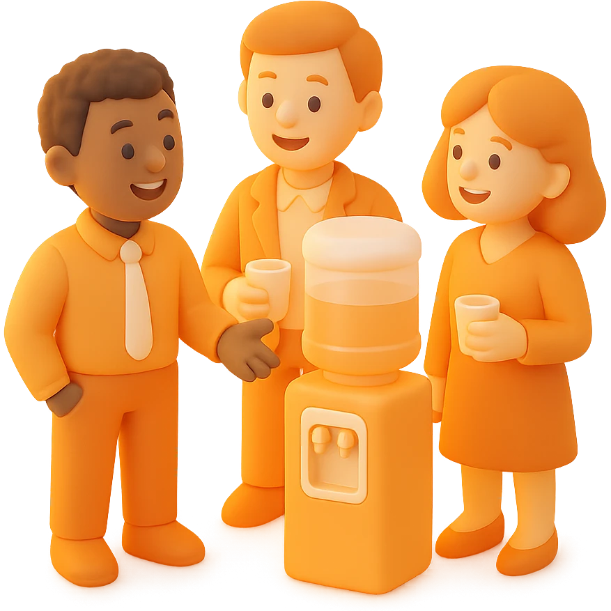 a group of employees with natural skin color, gathered around a water cooler, smiling and chatting emoji