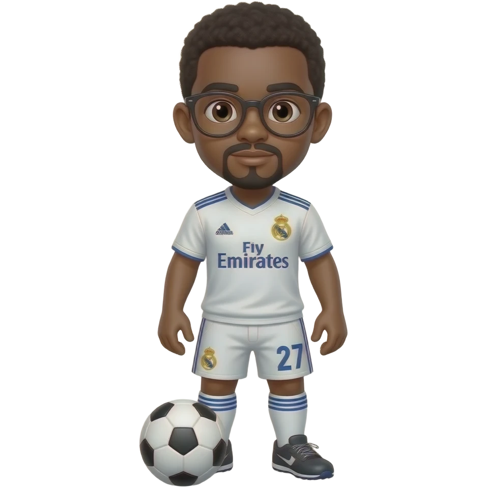 black boy with glasses playing soccer with  madrid jersey number 27 and a little mustache and a goatee emoji
