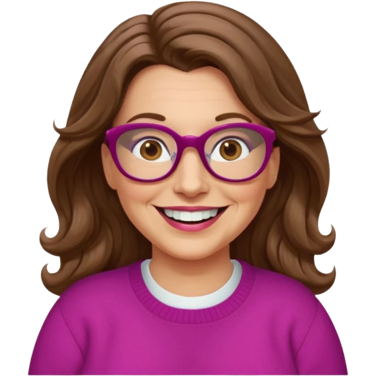 50 yr Caucasian woman, long brown hair parted on side, brown eyes, brown glasses, big smile, white teeth, fuscia sweater, chubby, wavy hair emoji