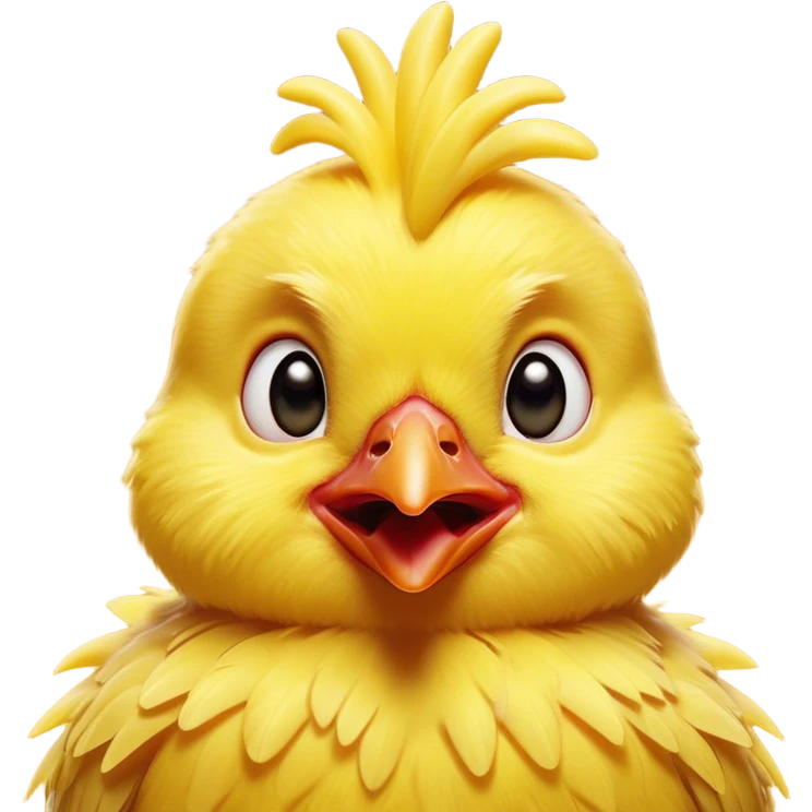 Cinematic Comical Yellow Baby Chicken Portrait Emoji, Head tilted dramatically with an exaggeratedly amused expression, featuring a striking, fluffy yellow downy coat with a tiny quirky red comb, wide, expressive beady eyes filled with playful disbelief, Simplified yet hilariously expressive features, highly detailed, glowing with a slightly sassy glow, high shine, dramatic yet playful, stylized with an air of cheeky mischief, bright and endearing, soft glowing outline, capturing the essence of a spirited and over-the-top chick, so meme-worthy it feels like it could peep its way into internet fame instantly! emoji