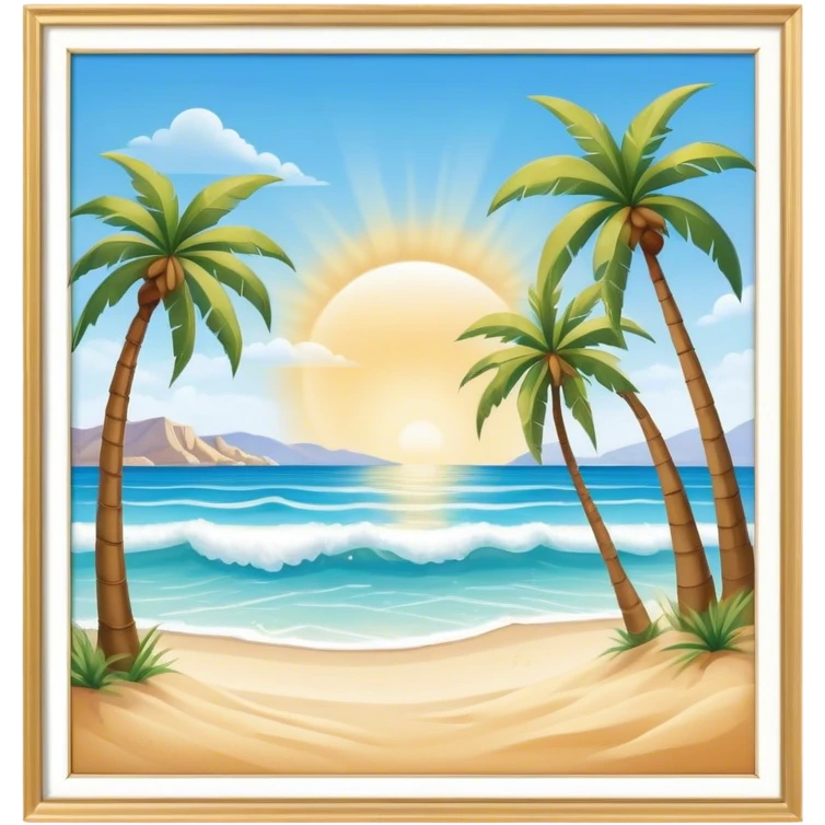 Cinematic Realistic Beach Emoji in a wooden frame, Sunny and bright, with soft golden sand stretching as far as the eye can see, gently lapping waves crashing onto the shore, and a clear, blue sky above. Palm trees sway in the warm breeze, crystal clear water of the waves on the landscape. Soft glowing outline, capturing the essence of a relaxed, joyful beach day filled with sun, sand, and surf! emoji