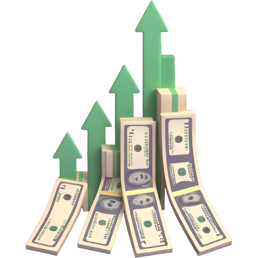 upward trending arrow beside three stacks of bundled dollar bills in ascending height emoji