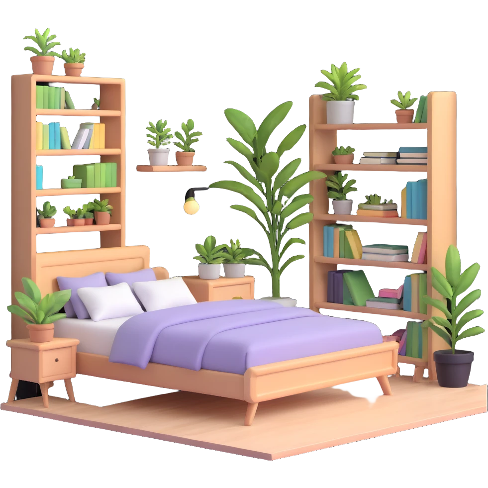 aesthetic bedroom with soft colors, plants, bookshelves, and study area emoji