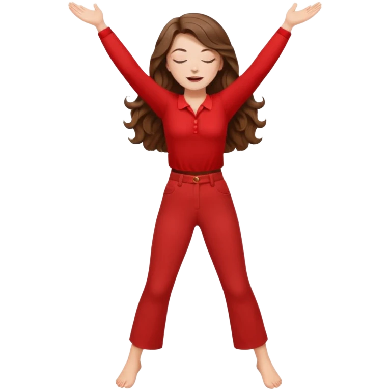 crie uma menina branca com cabelos castanhos longos ondulados, uma roupa de calça e blusa de manga curta na cor vermelho, com braços juntos para cima, olhos fechados e perna levantada. a manga é curta mostra os braços emoji