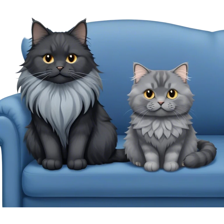 A large black smoke Maine Coon cat with long grey ear tufts and a fluffy grey ruff, sitting next to a chubby British Shorthair cat in blue color with plush fur, both sitting comfortably on a sofa. Beautiful room background with flowers and soft lighting. Transparent background. emoji