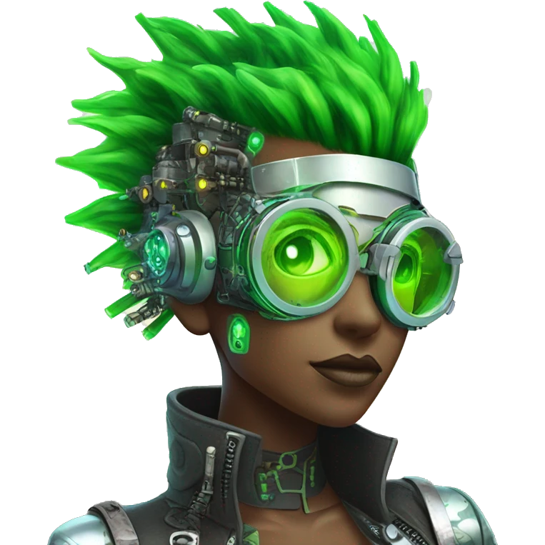 Neon green Mohawk hair female cyborg head with silver steampunk goggles and circuits emoji