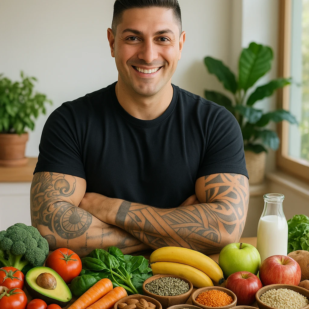 Create a realistic image of a man with the face and appearance of the person in the reference photo, standing in front of a table with a variety of foods representing a diverse and sustainable diet: fruits, vegetables, whole grains, legumes, seeds, nuts, and some local products. The tone should be positive, natural, and healthy. emoji